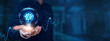 © AD - Technical Support: Businessman hands with light bulb of inspiration, bright idea, and creative thinking energetic on digital network troubleshooting, customer assistance, problem-solving.