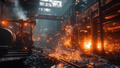 A steel mill with glowing hot metal sparks flying.