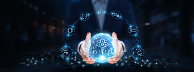 algorithm development: businessman hands hold global algorithm development technology, optimization,