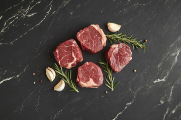 Four raw beef steaks lying on dark marble background with spices and rosemary