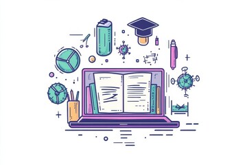 Canvas Print - Digital learning concept with open laptop surrounded by educational elements like books, graduation cap, and communication symbols illustrating online education and e-learning environment