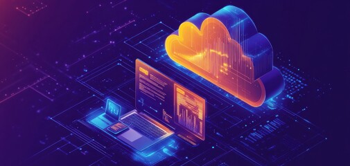 Wall Mural - Isometric illustration of cloud computing technology with connected laptop and digital devices