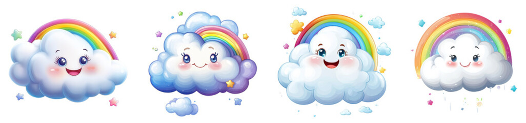 Wall Mural - Cute smiling clouds with colorful rainbows playful designs transparent background