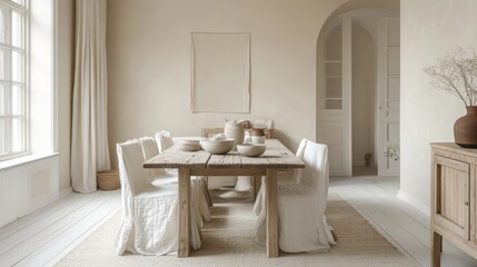 Aufkleber - A rustic dining room with white walls and wooden floors. A large wooden table with white linen-covered chairs is set with ceramic bowls and plates