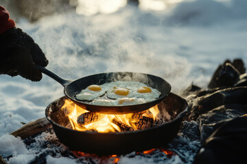 Camper is cooking eggs over a campfire in a snowy forest