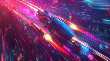 Poster - A sleek spacecraft races through a vibrant hyperspace tunnel filled with bright neon colors and light streaks