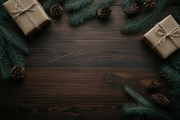 Christmas background with presents and decorations on a wooden table, a flat lay composition
