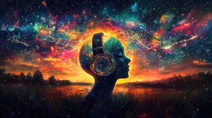 a surreal illustration of a person's head silhouetted against a colorful, starry sky, wearing headph