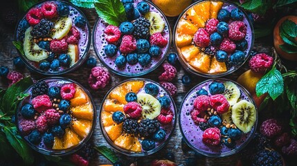 Wall Mural -   Four bowls of fruit arranged closely on a table, surrounded by leaves and additional fruits