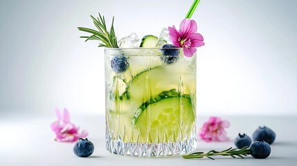 Canvas Print -   A clear glass filled with succulent cucumber slices, plump blueberries, and a vibrant flower resting gracefully atop a pristine white table