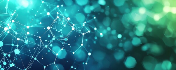 Abstract blue and green background with interconnected white hexagons forming a dynamic network pattern