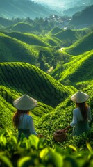 beautiful tea hill two beautiful chinese girls