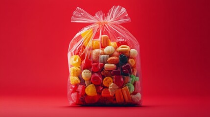 Plastic bag full of junk food on red background