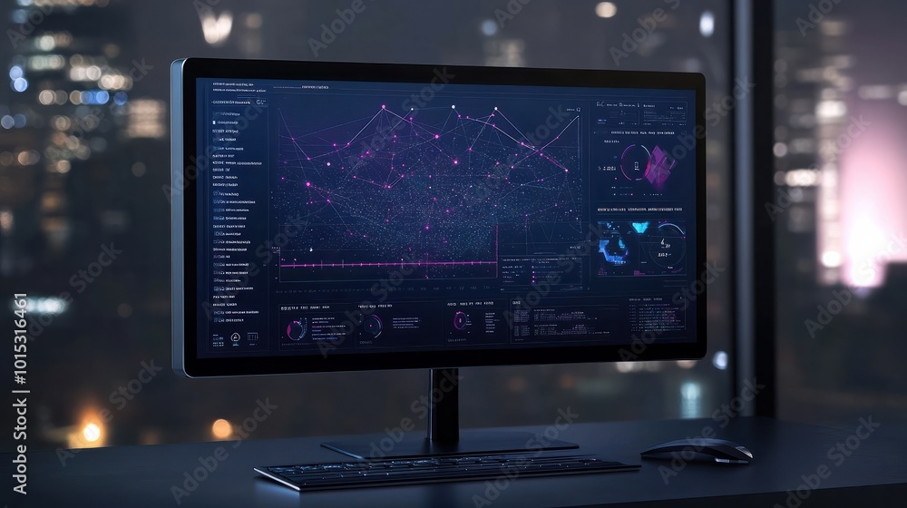 Computer monitor displaying. an abstract network. Visualizing network ...