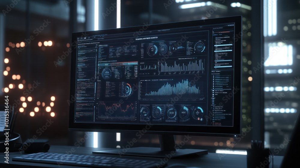 Computer monitor displaying. an abstract network. Visualizing network ...