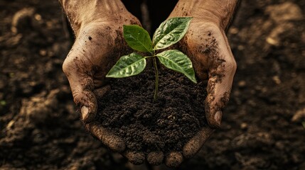 Conceptual photo of human hands holding soil with a green tree growing from it, representing growth, sustainability, and new beginnings.