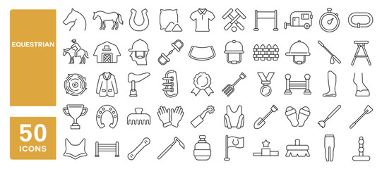 set of 50 line icons related to equestrian, horse, horseback, riding, whip, snaffle, stirrup, gloves