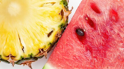 Sticker -   A close-up photo of two slices of watermelon and pineapple on a white plate