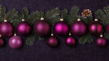 Wall Mural -   A row of purple Christmas ornaments sits on a purple background, with a lone pine cone atop