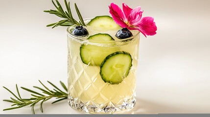 Wall Mural -   A refreshing beverage featuring cucumbers, blueberries, and a blossom in a goblet, garnished with fresh rosemary