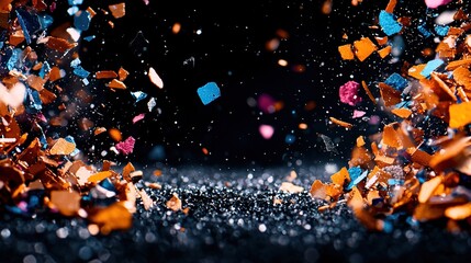 Wall Mural -   A black background with a focus on confetti - clear image of confetti on the floor