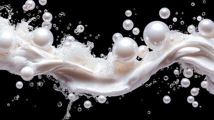 Wall Mural -   Milk splash with close-up bubbles on black background