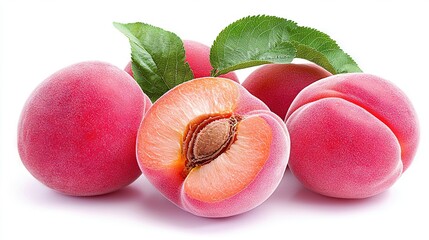 Sticker -   A photo of three halved peaches and two whole peaches with leaves against a white backdrop