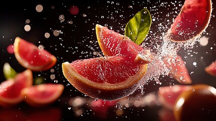 Sticker -   A close-up of a grapefruit halved with water splashed on top