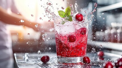 Sticker -   Close-up of drink with water splash & cherry