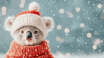 Wall Mural -   A Koala in a Red Sweater and White Hat with a Pom-Pom