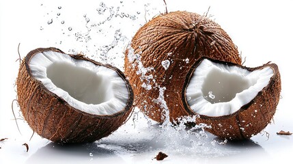   A zoomed in image of two coconuts, with water spilling from within one of them