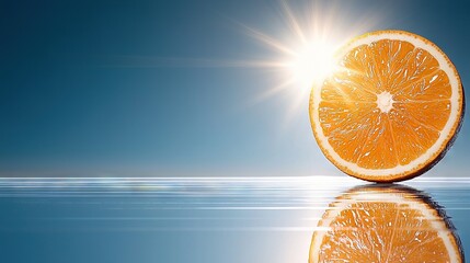 Poster -   An orange slice floating on a body of water with the sun above it