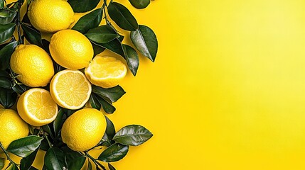 Wall Mural -   Lemons on green leaves against a yellow backdrop with space for text or image