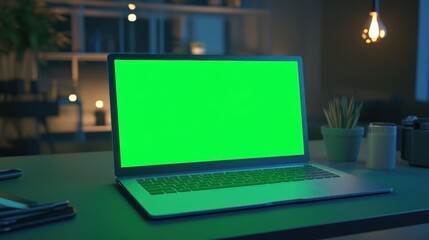 Laptop with Green Screen on Dark Office Desk. Technology and design mockup concept.