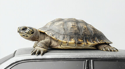 Poster -   A close-up shot of a turtle perched atop a car covered in snow on its roof