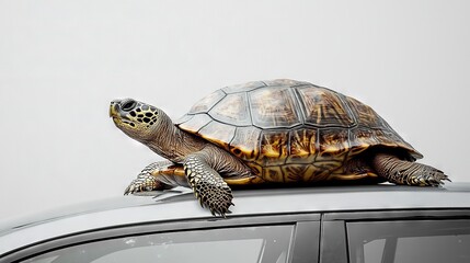 Wall Mural -   A turtle perched atop a car in a parking lot near a white-walled building with writing