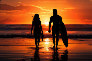 Silhouettes of young man and woman with surfboards on the beach.