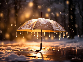 umbrella in the melting snow and ice. climate change, bad weather concept.