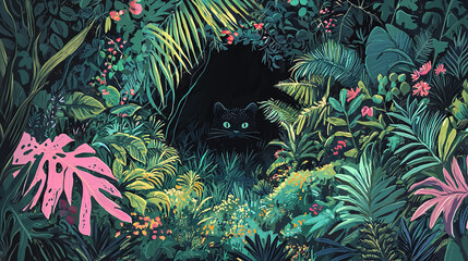 Wall Mural -  Black Cat, Jungle, Pink-Green Leaves, Flowers