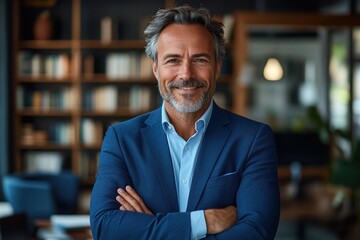 Happy middle aged business man ceo standing in office arms crossed. Smiling mature confident professional executive manager, proud lawyer, businessman leader wearing blue suit