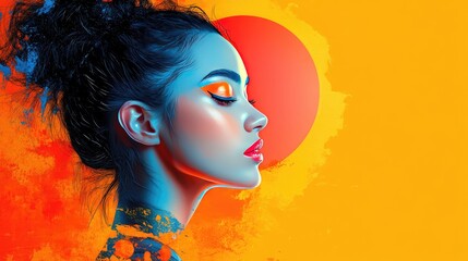 Wall Mural - Vibrant Digital Portrait of a Woman with Abstract Artistic Makeup and Bold Colors