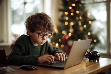 Young boy focused on typing at his laptop near a decorated Christmas tree in a cozy interior setting