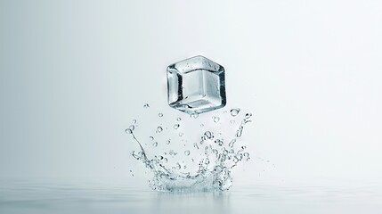 Sticker -   An ice cube falling into water creates a splash at the base, while a single droplet of water is shown on the bottom