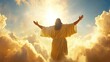 © Login - Back view of Jesus Christ standing in the clouds with his arms outstretched towards the sun. The concept of hope and faith. The resurrection and ascension to heaven. Illustration for cover, card, etc.