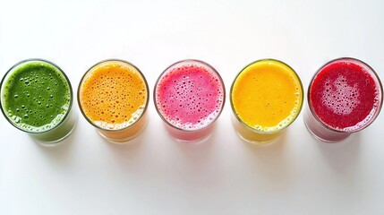 Wall Mural -   A table filled with multicolored juice glasses and a pristine white cloth