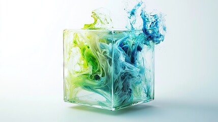 Canvas Print -   A colorful liquid sits in a square glass, appearing to pour a mixture of light blue and green onto a white background