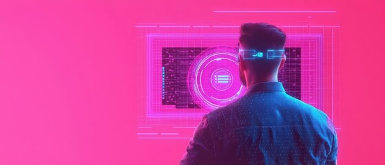 A person using a VR headset against a vibrant pink backdrop, engaging with futuristic digital interfaces.