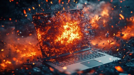 Explosion, laptop and startup fail in disaster, destruction and cyber security breach. Bomb, danger and crisis in business, company finance and stock market crash & online war. Generative AI