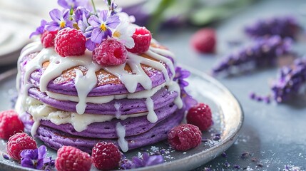 Canvas Print -   A plate topped with a stack of pancakes smothered in icing and dotted with raspberries