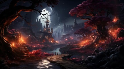 Wall Mural - Fantasy and fairytale magical forest with purple and cyan light lighting pathway. Digital painting landscape.